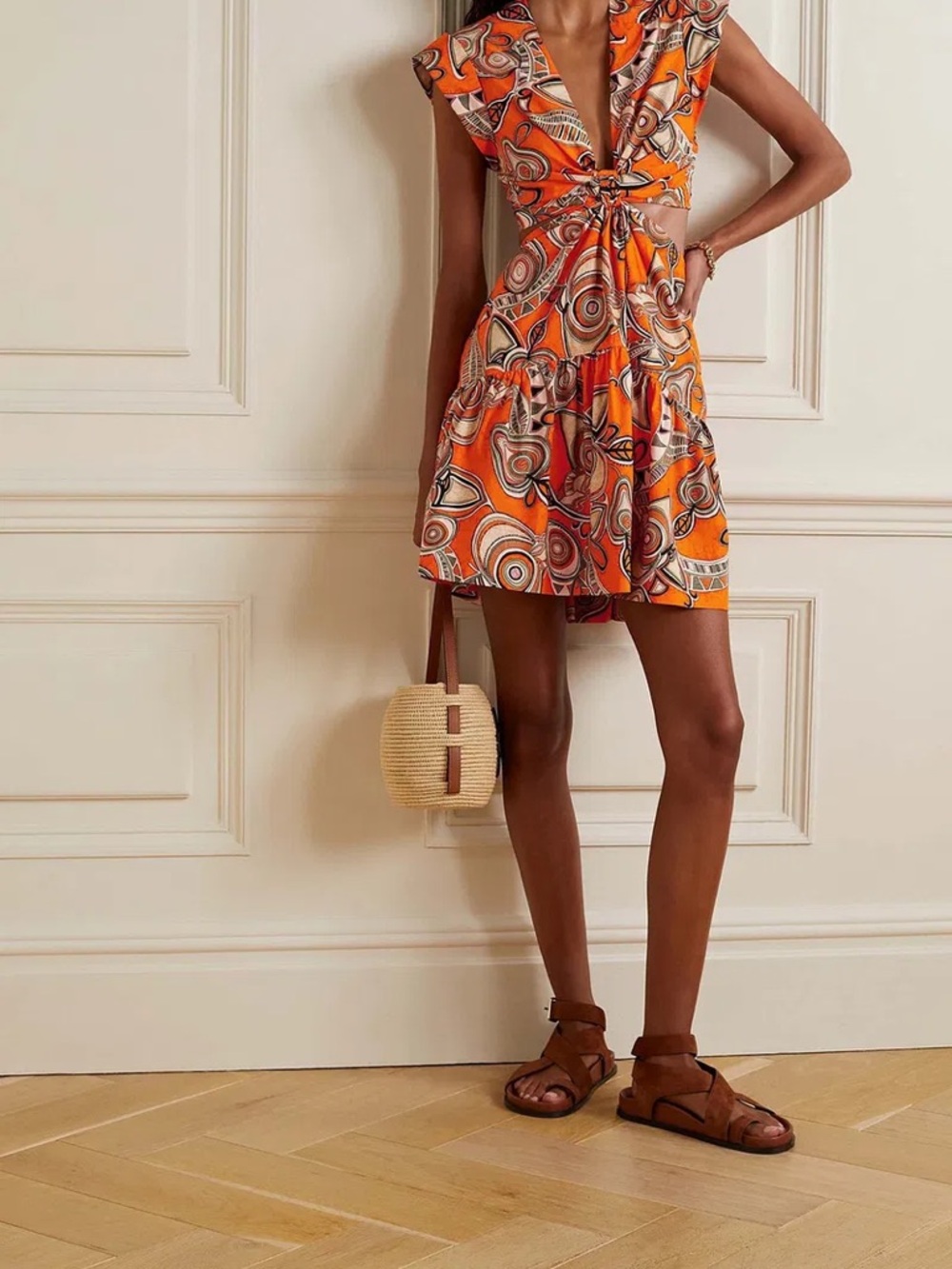 A.L.C. Lexi Orange Printed Knot-Front Mini Dress